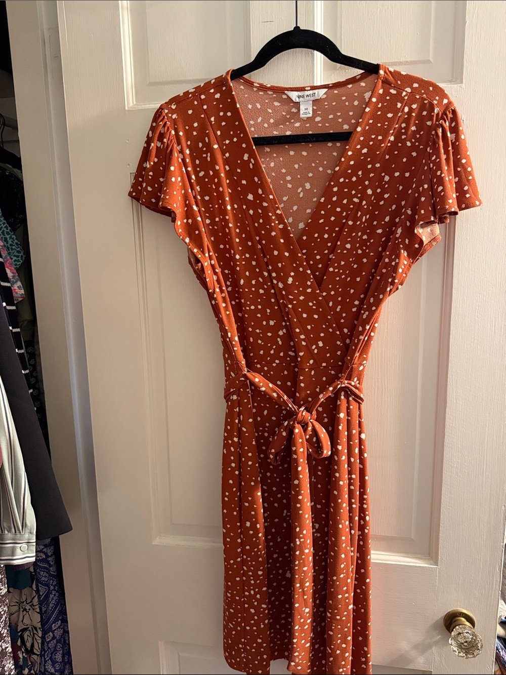 Nine West Rust Orange Wrap Midi Dress with White Spot Print